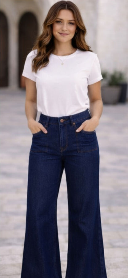 Dark Indigo Denim Flare Jeans with Wide Leg