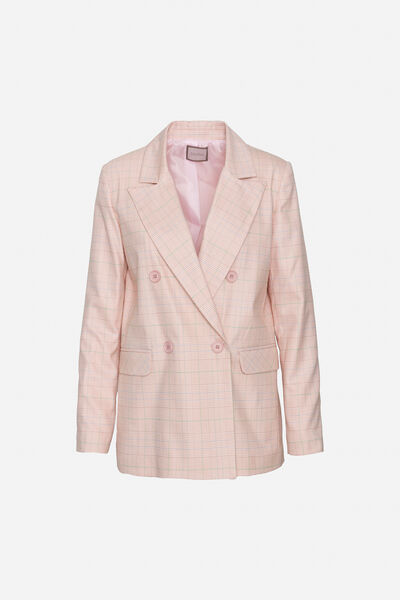 Light Pink Plaid Blazer with Double-Breasted Design