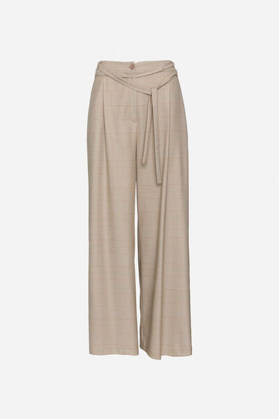 Beige Plaid Wide-Leg Pants with Tie Waist