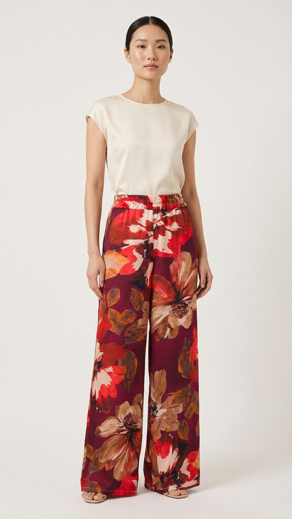 Red Floral Wide-Leg Trousers