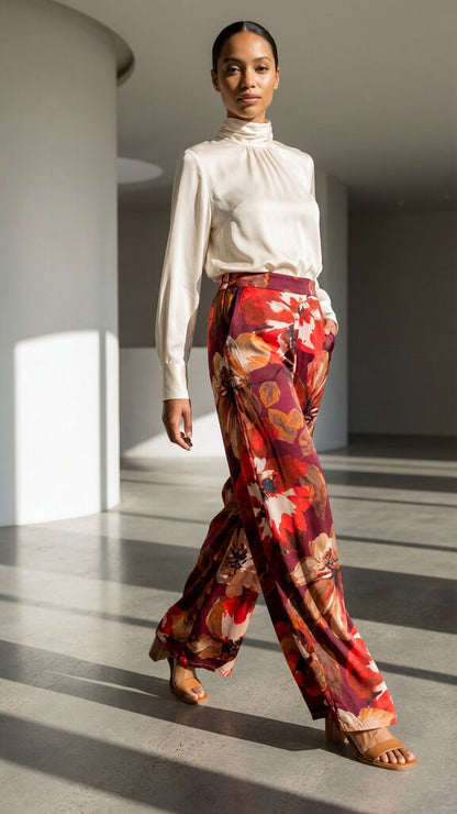 Red Floral Wide-Leg Trousers