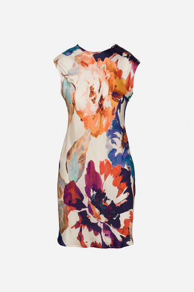 Multicolor Floral Silk Dress with Cap Sleeves
