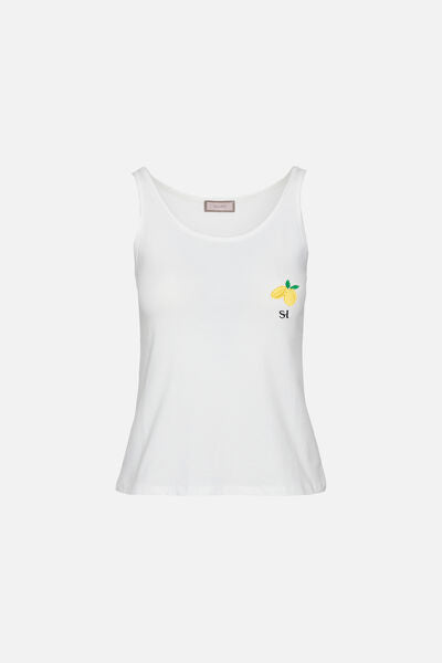 White Cotton Tank Top with Lemon Embroidery
