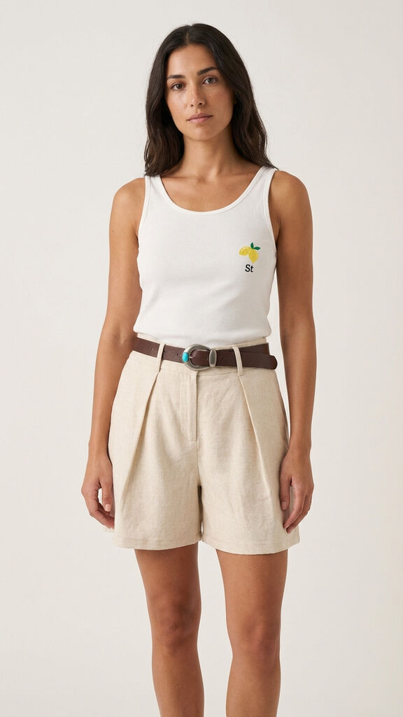 White Cotton Tank Top with Lemon Embroidery
