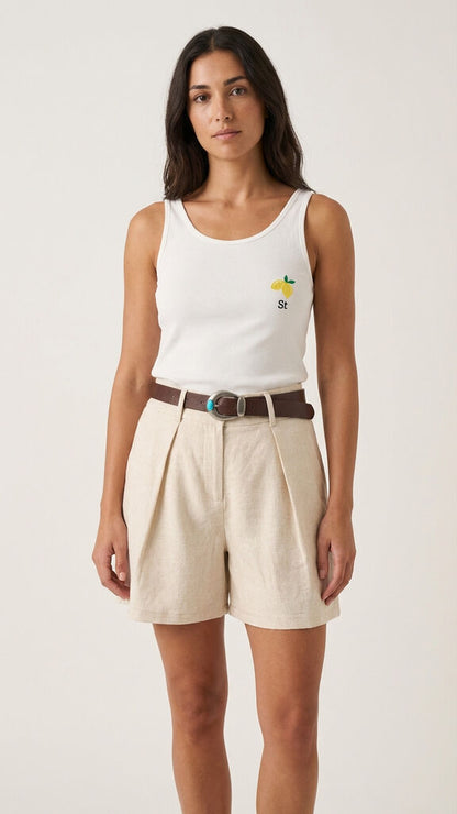 White Cotton Tank Top with Lemon Embroidery