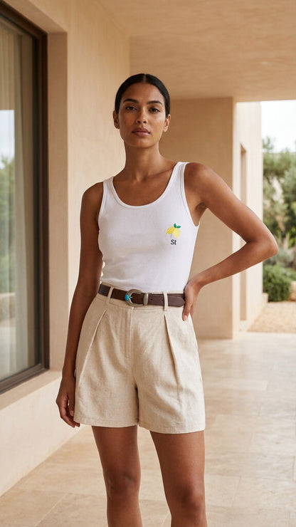 White Cotton Tank Top with Lemon Embroidery