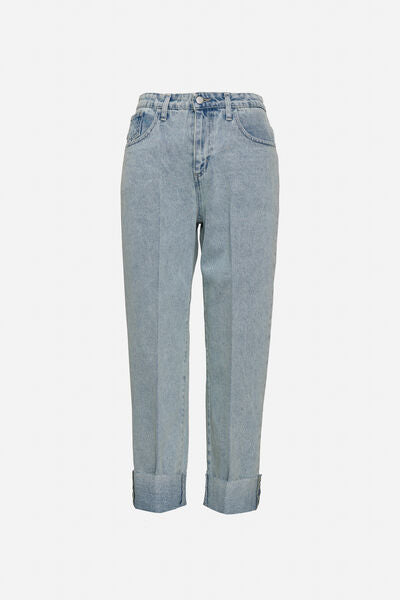 Light Blue Denim Cropped Jeans with Rolled Cuffs
