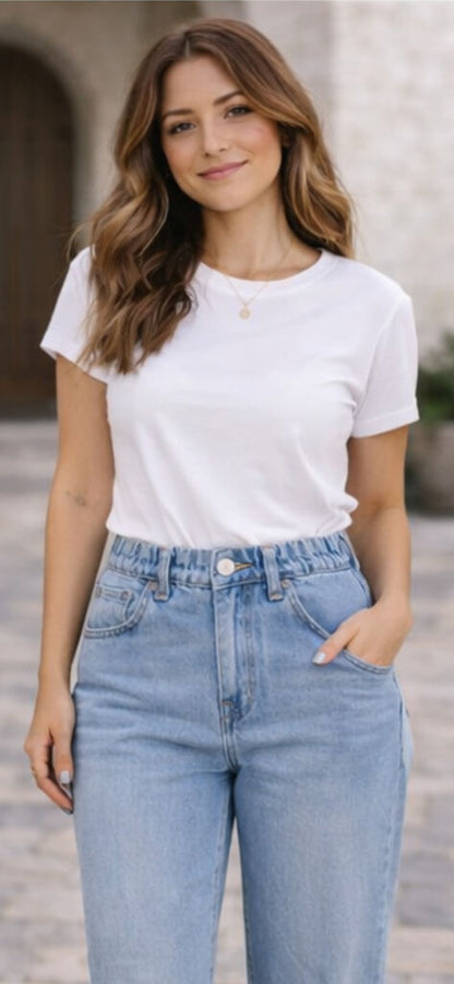 Light Blue Denim Cropped Jeans with Rolled Cuffs
