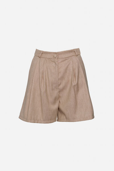 Beige Tailored High-Waist Shorts with Pleat Details