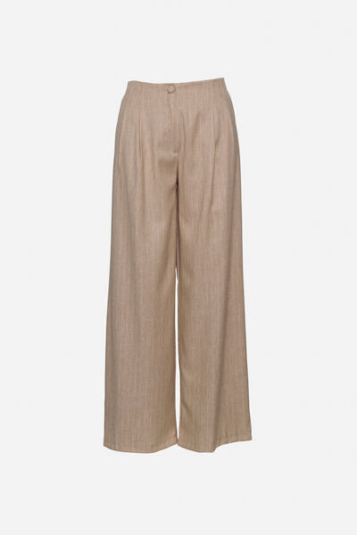 Beige Wide-Leg Pants with Pleated Front