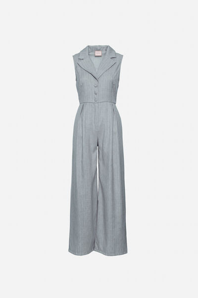 Gray Woven Sleeveless Jumpsuit with Wide Legs