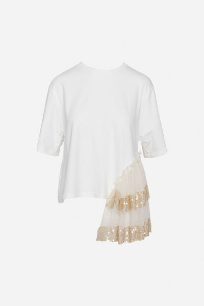 White Cotton Tee with Asymmetric Lace Detail