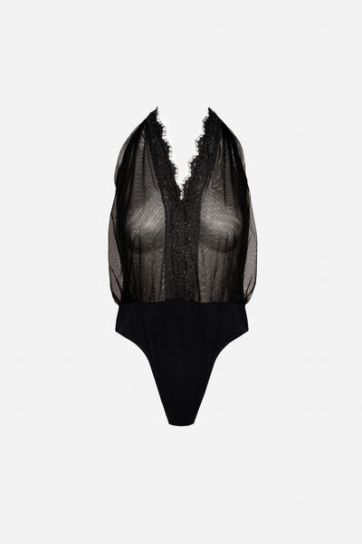 Black Lace Bodysuit with Deep V Neckline