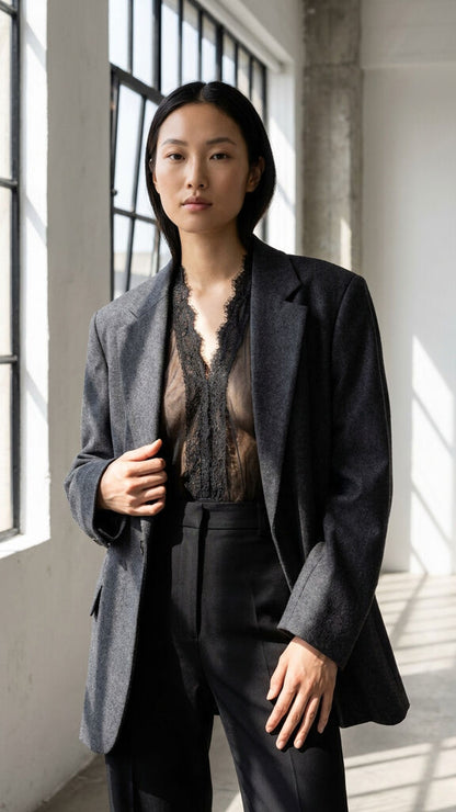 Black Lace Bodysuit with Deep V Neckline