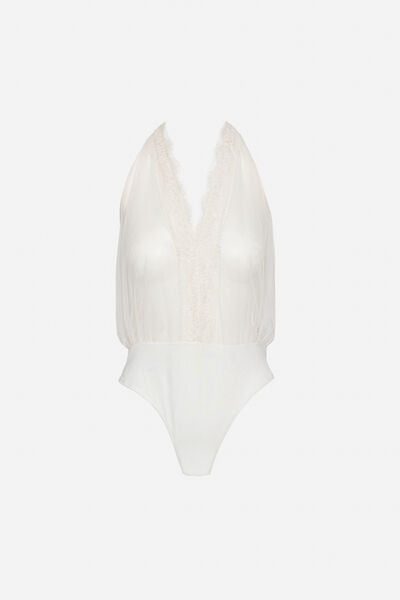 Ivory Lace-Trimmed Bodysuit with Plunging Neckline