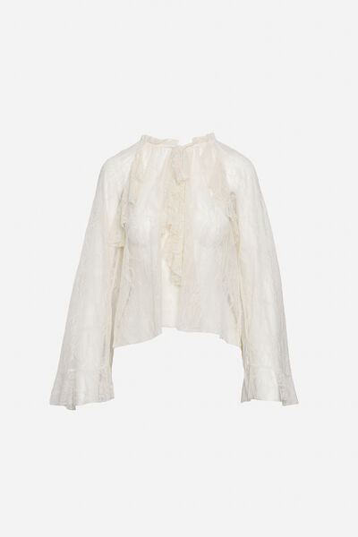 White Textured Blouse with Ruffled Front