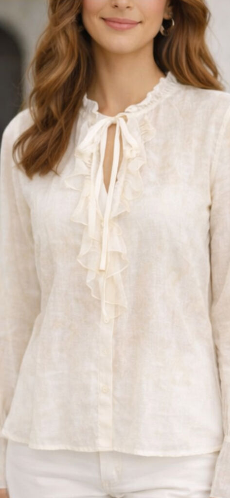 White Textured Blouse with Ruffled Front