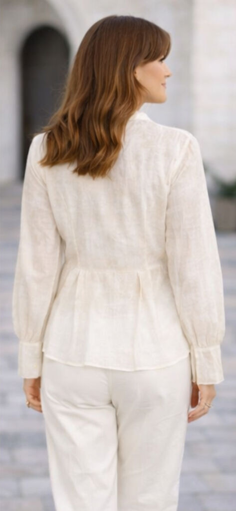 White Textured Blouse with Ruffled Front