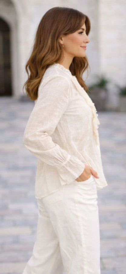 White Textured Blouse with Ruffled Front