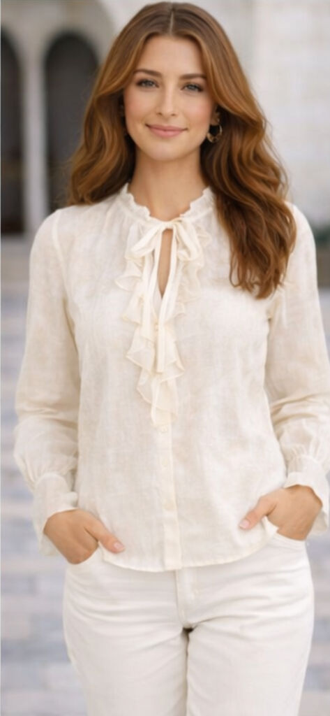 White Textured Blouse with Ruffled Front