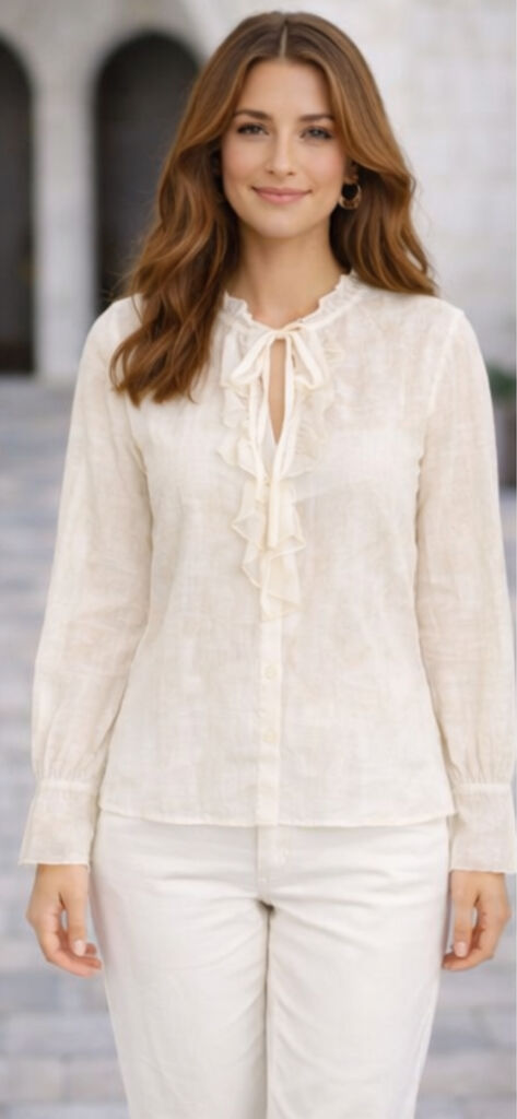 White Textured Blouse with Ruffled Front