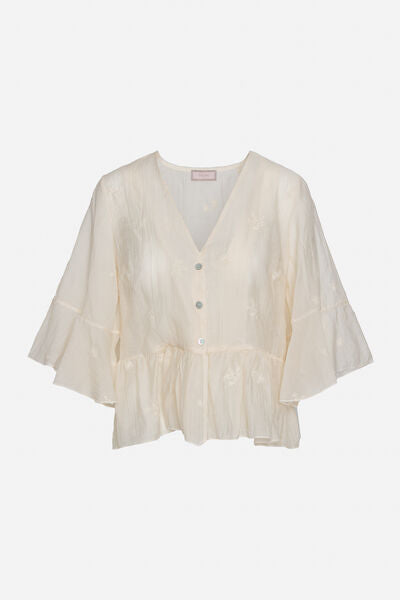 Cream Textured Blouse with Flared Sleeves