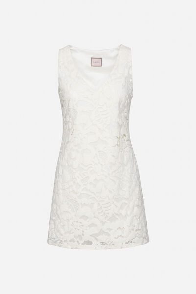 Ivory Lace Sleeveless Tunic with Delicate Floral Pattern