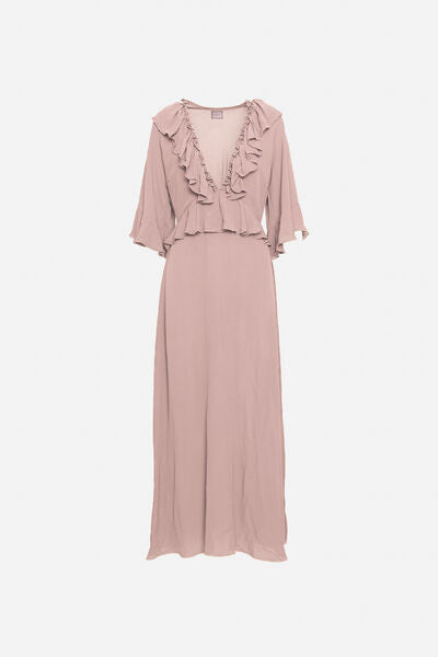 Dusty Rose Ruffle Chiffon Gown with Flared Sleeves