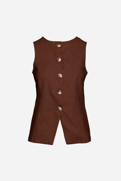Brown Textured Sleeveless Top with Back Buttons