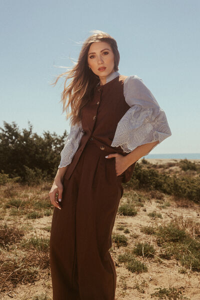 Brown Textured Sleeveless Top with Back Buttons