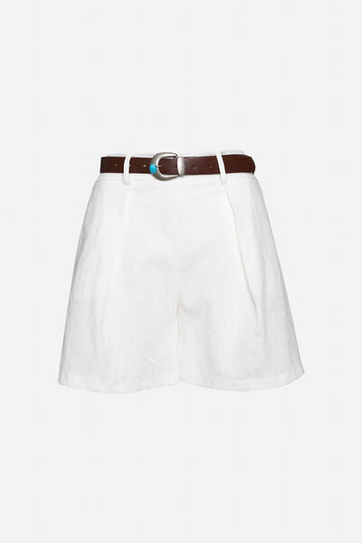 White Linen Shorts with Brown Belt Accent