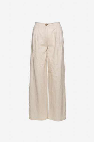 Natural Wide-Leg Trousers with Button Closure
