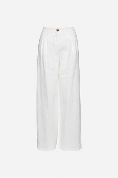 White Wide-Leg Trousers with Button Detail