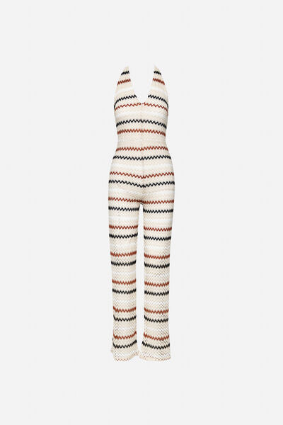 Ivory Zigzag Knit Jumpsuit with Halter Neckline