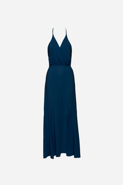 Navy Blue Chiffon Maxi Dress with Halter Neckline
