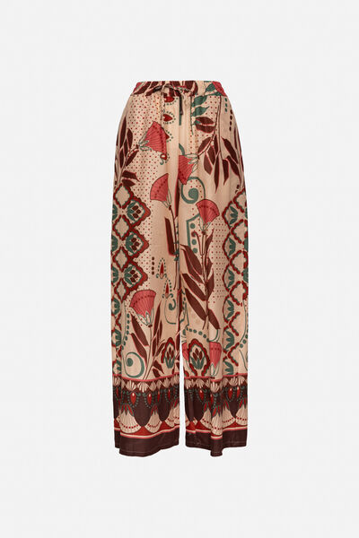 Beige Abstract Print Wide-Leg Trousers