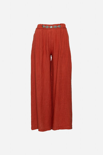 Terracotta Wide-Leg Pants with Belt Detail