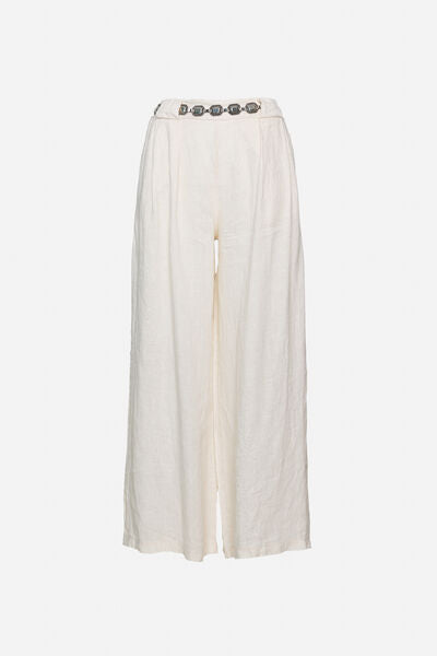 Ivory Wide-Leg Pants with Belted Detail