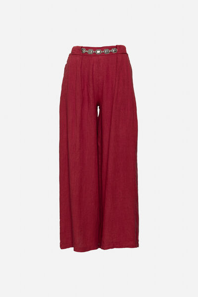 Red Wide-Leg Pants with Decorative Waistband