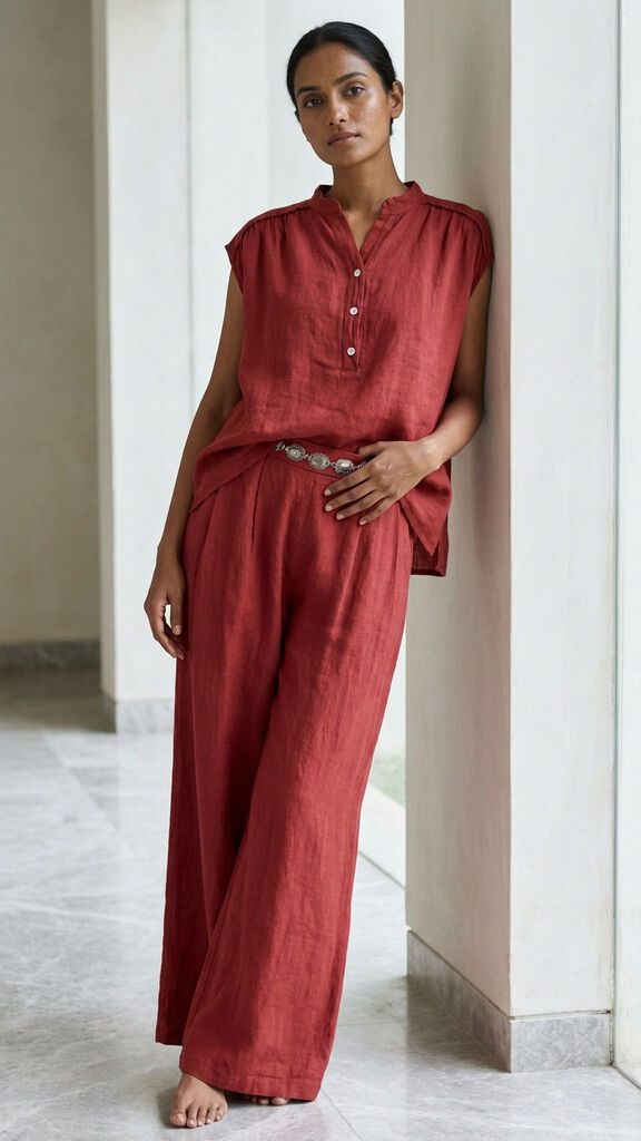 Red Wide-Leg Pants with Decorative Waistband