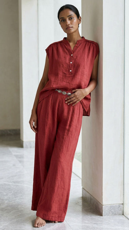 Red Wide-Leg Pants with Decorative Waistband