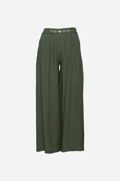 Olive Green Wide-Leg Pants with Belt Detail