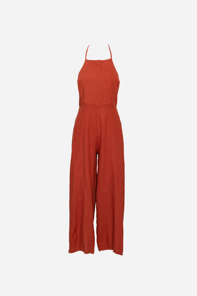 Terracotta Halter Jumpsuit with Wide-Leg Design