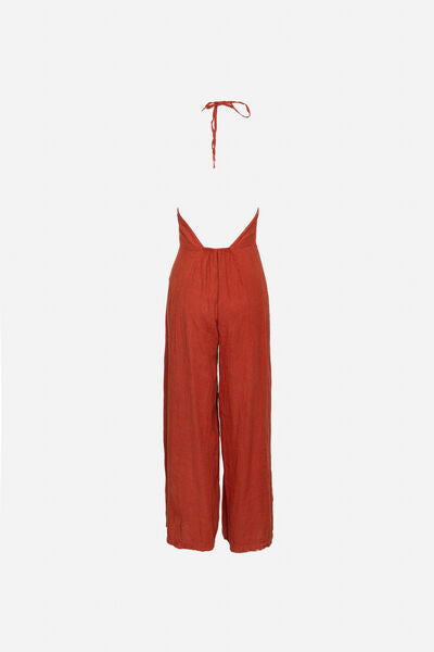 Terracotta Halter Jumpsuit with Wide-Leg Design