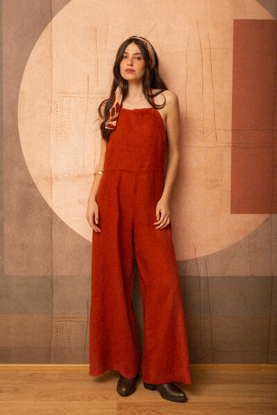 Terracotta Halter Jumpsuit with Wide-Leg Design