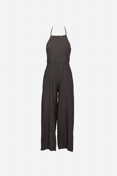Charcoal Linen Look Jumpsuit with Halter Neck