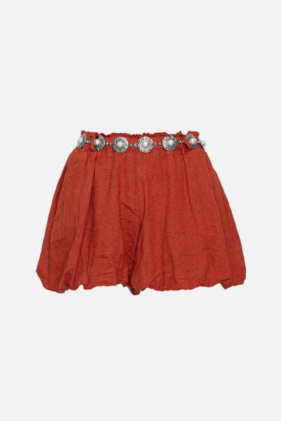 Rust Textured Shorts with Decorative Belt