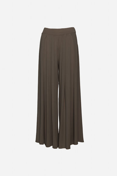 Olive Wide-Leg Pleated Pants with Flowing Silhouette