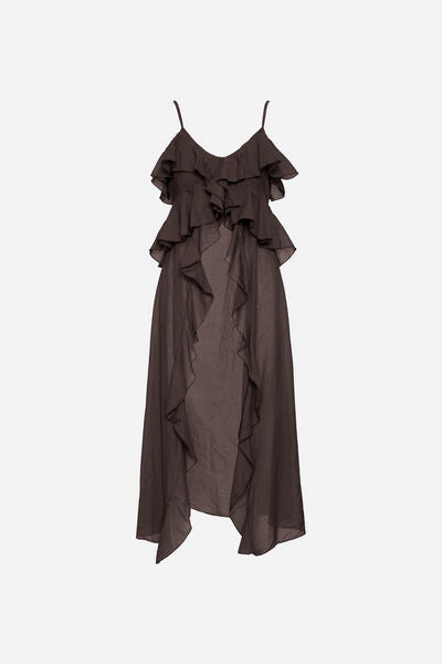Brown Ruffled Chiffon Layered Midi Dress