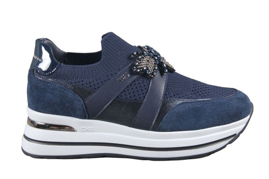 Navy Knit Slip-On Sneakers with Embellished Detail